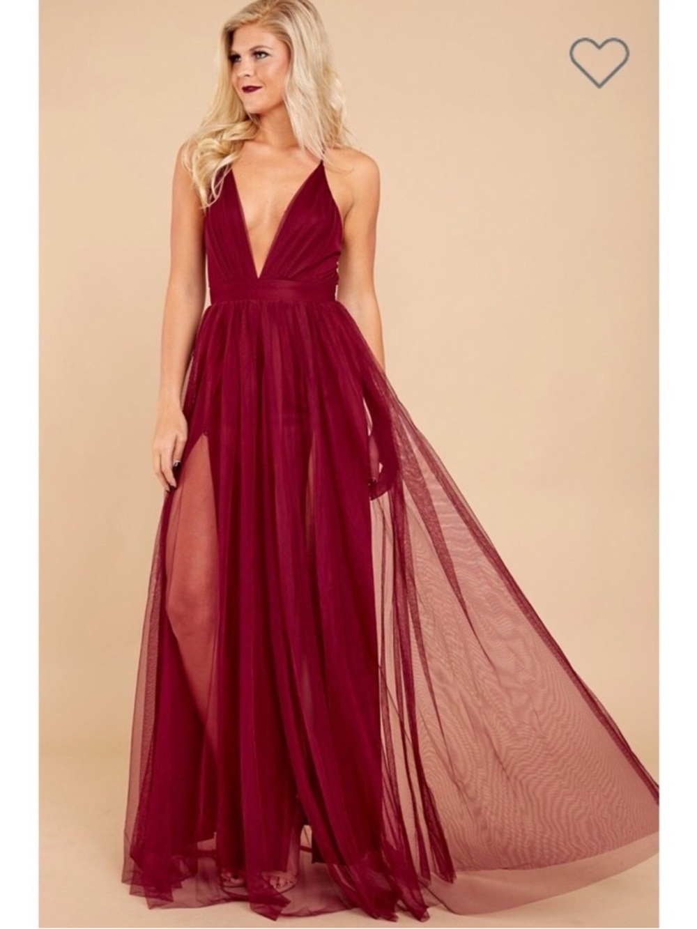 Luxxel Burgundy Plunging V-Neck Tulle Maxi Gown